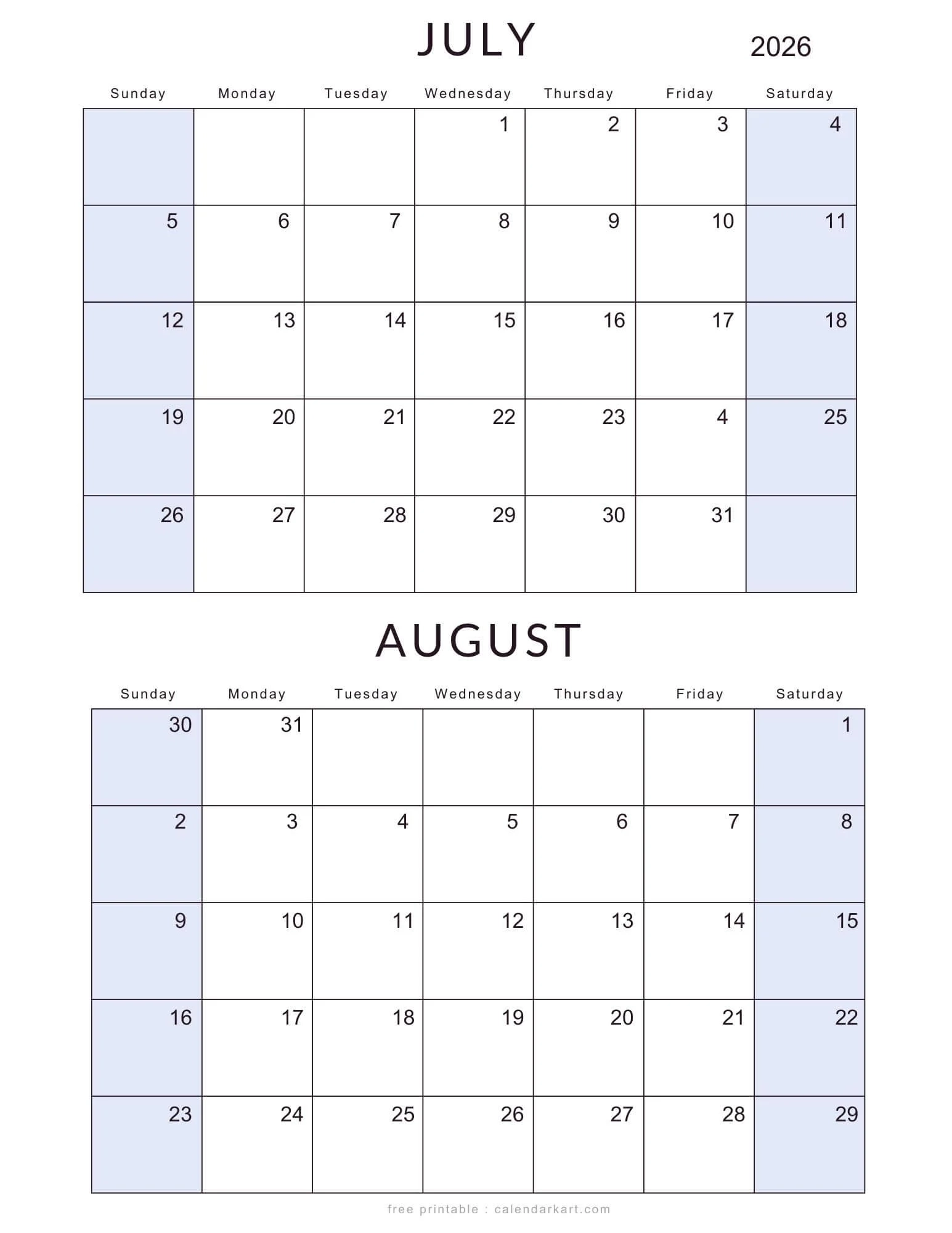July August 2026 Calendars Free Printable PDFs CalendarKart