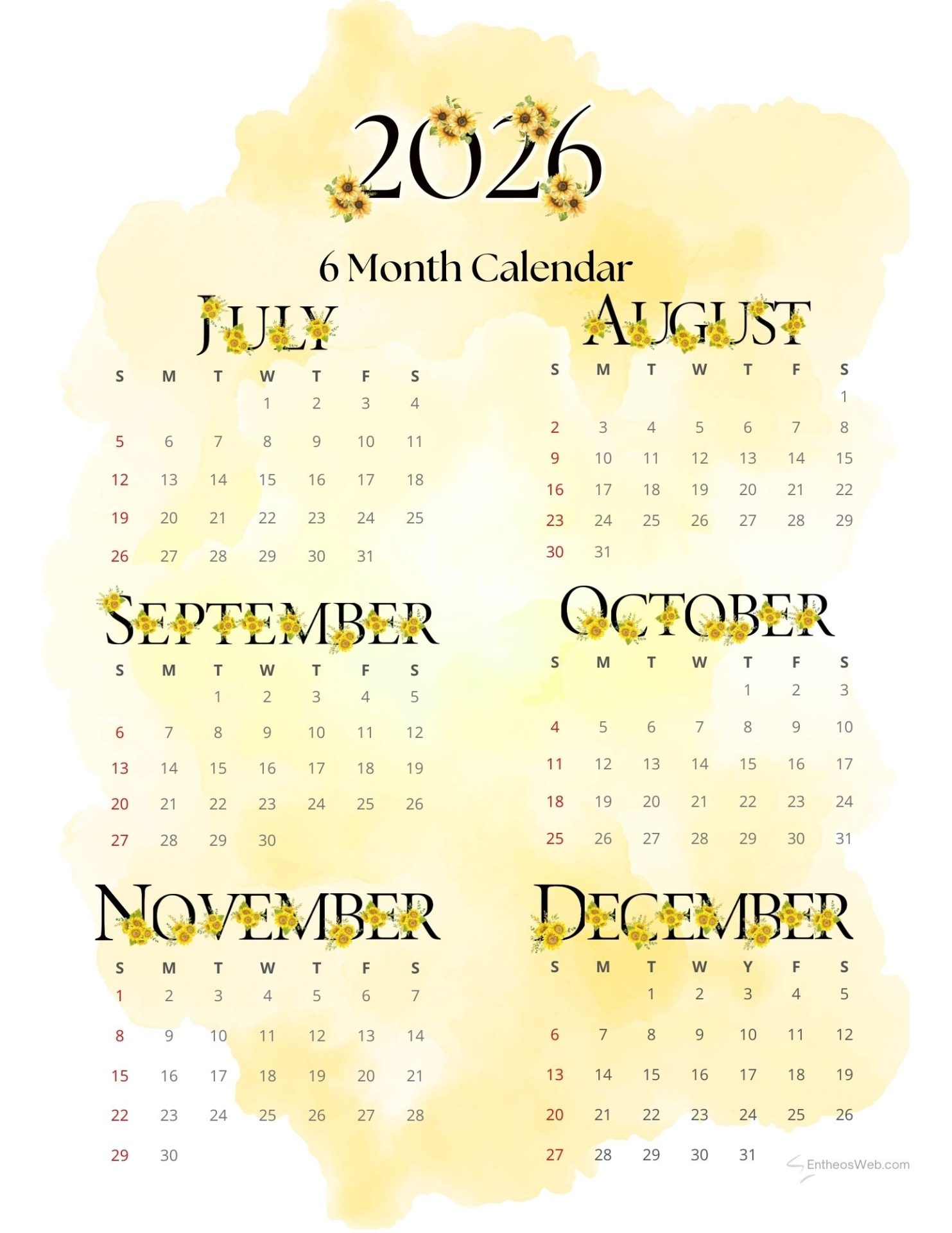 Printable July To December 2026 Calendar