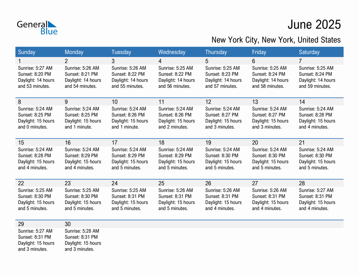 June 2025 Sunrise And Sunset Calendar For New York City United 