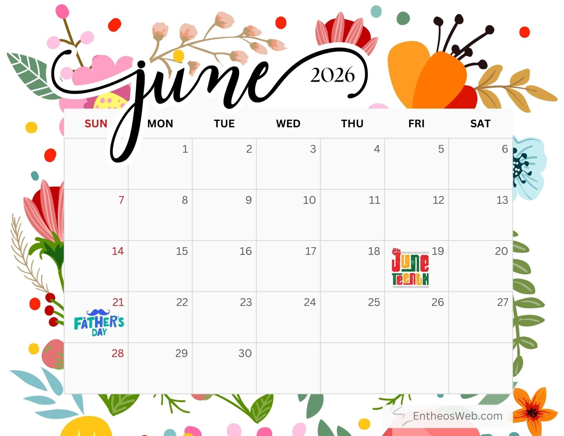 June 2026 Calendar Printables EntheosWeb
