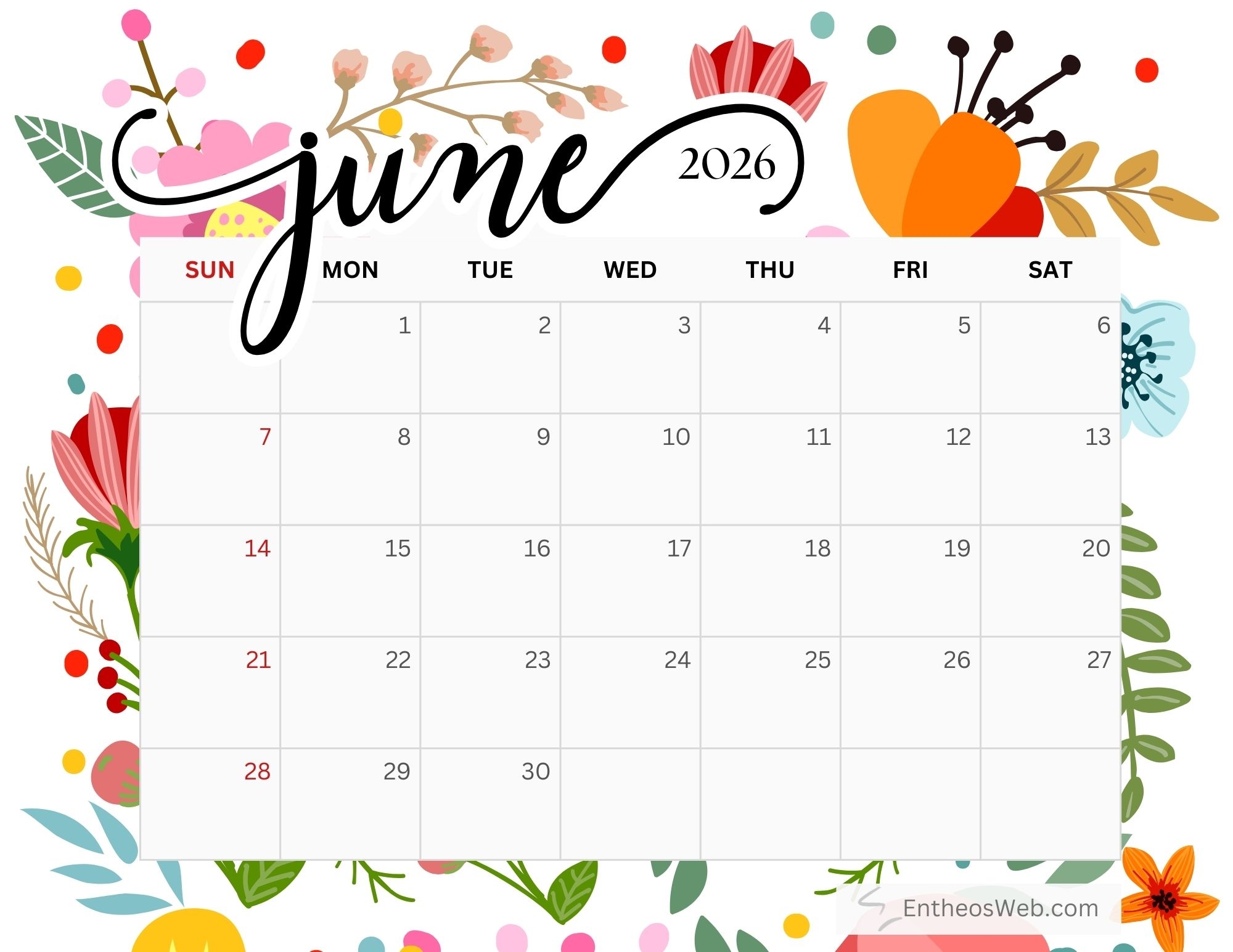 June Calendar 2026 Printable