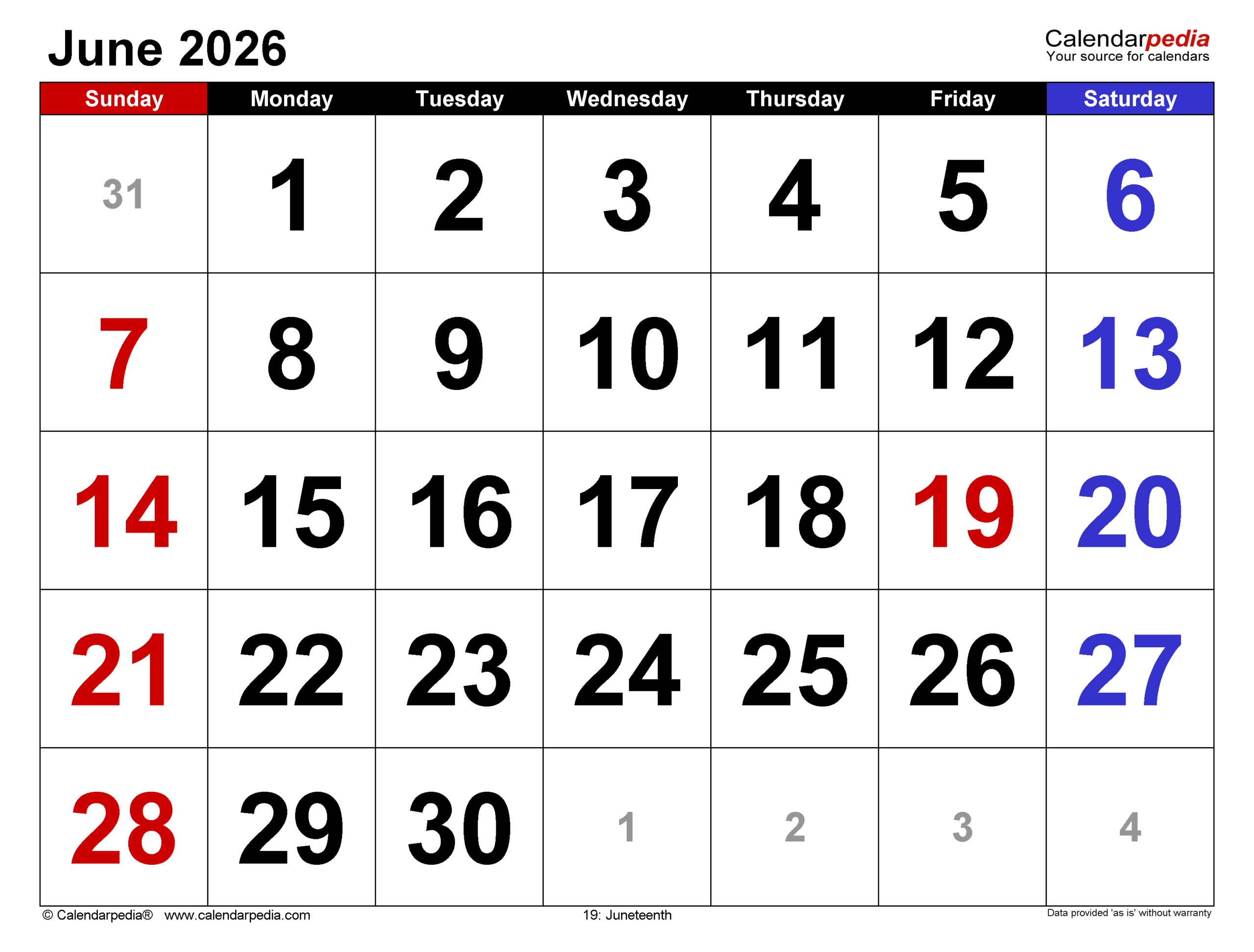 Printable June 2026 Calendar
