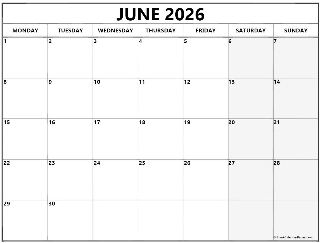 June 2026 Monday Calendar Monday To Sunday
