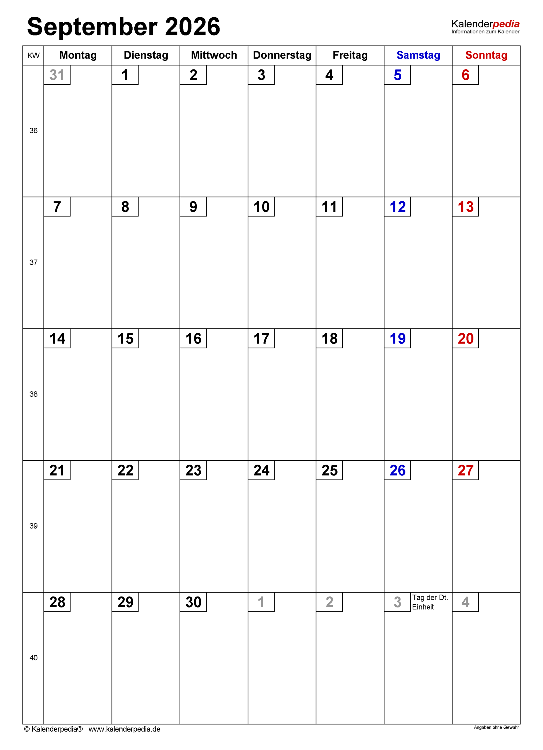 Kalender September 2026 Als Word Vorlagen
