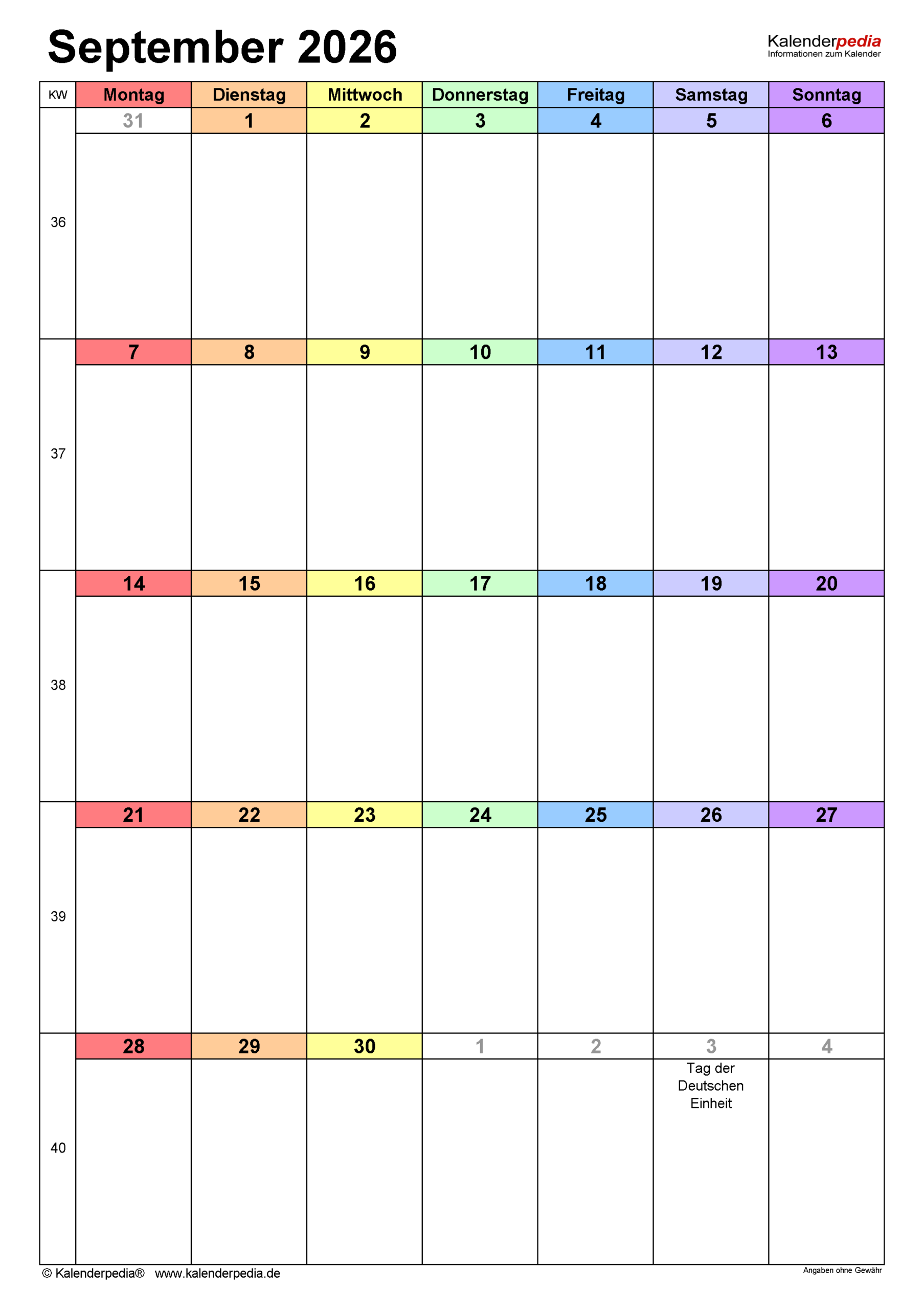 Kalender September 2026 Als Word Vorlagen