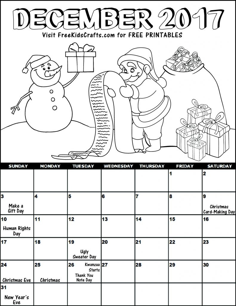 December Calendar Printable Coloring