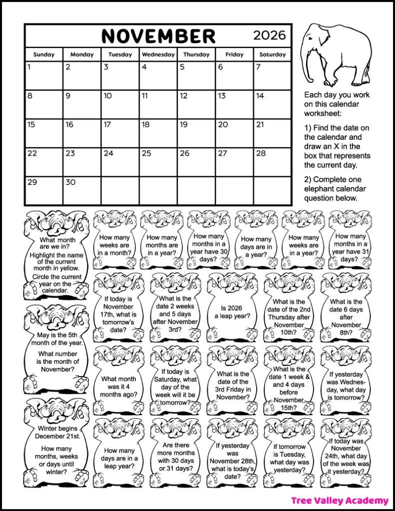 Kids Printable Calendar November 2026