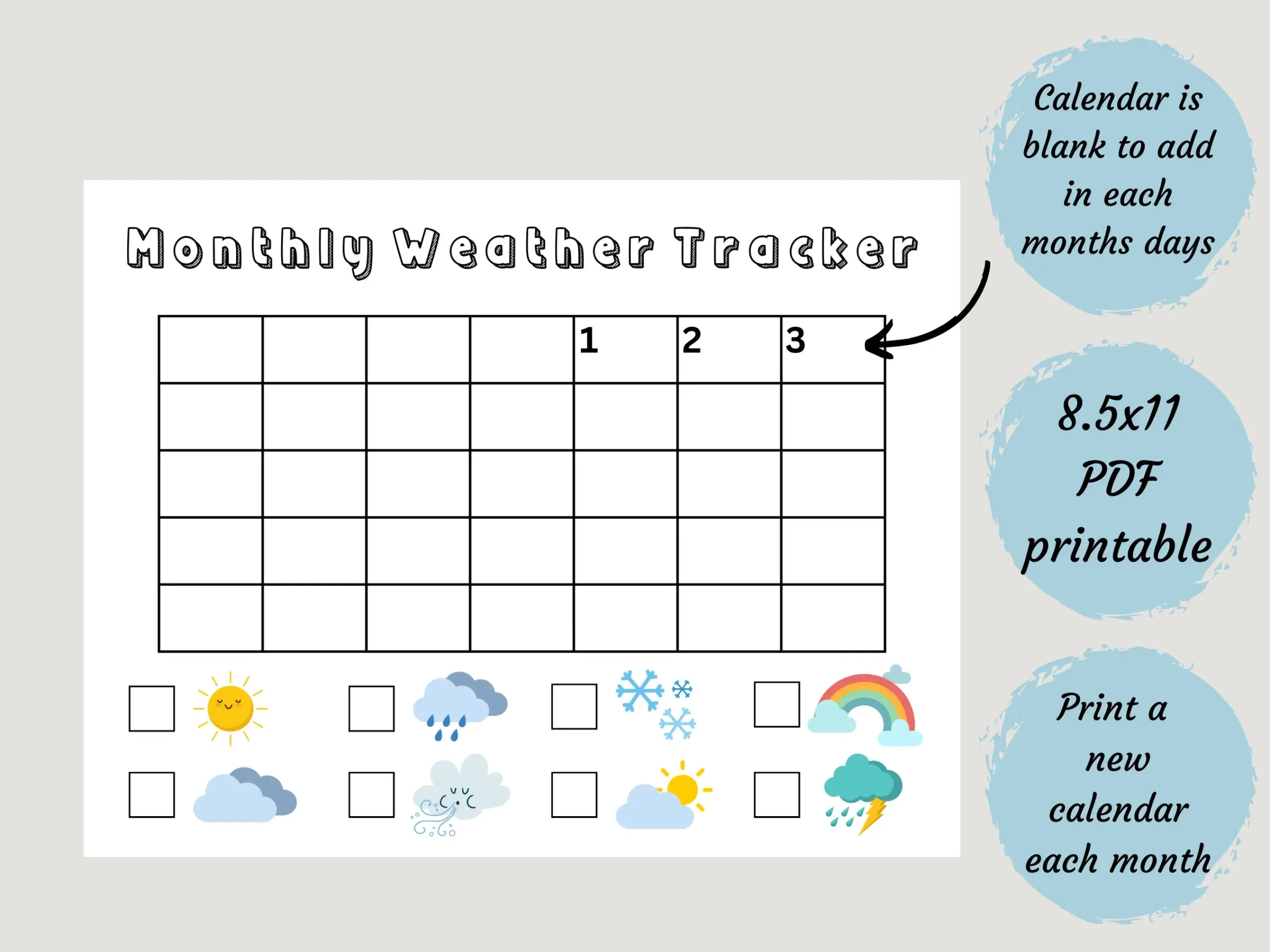 Kids Weather Tracker Printable Monthly Classroom Calendar 