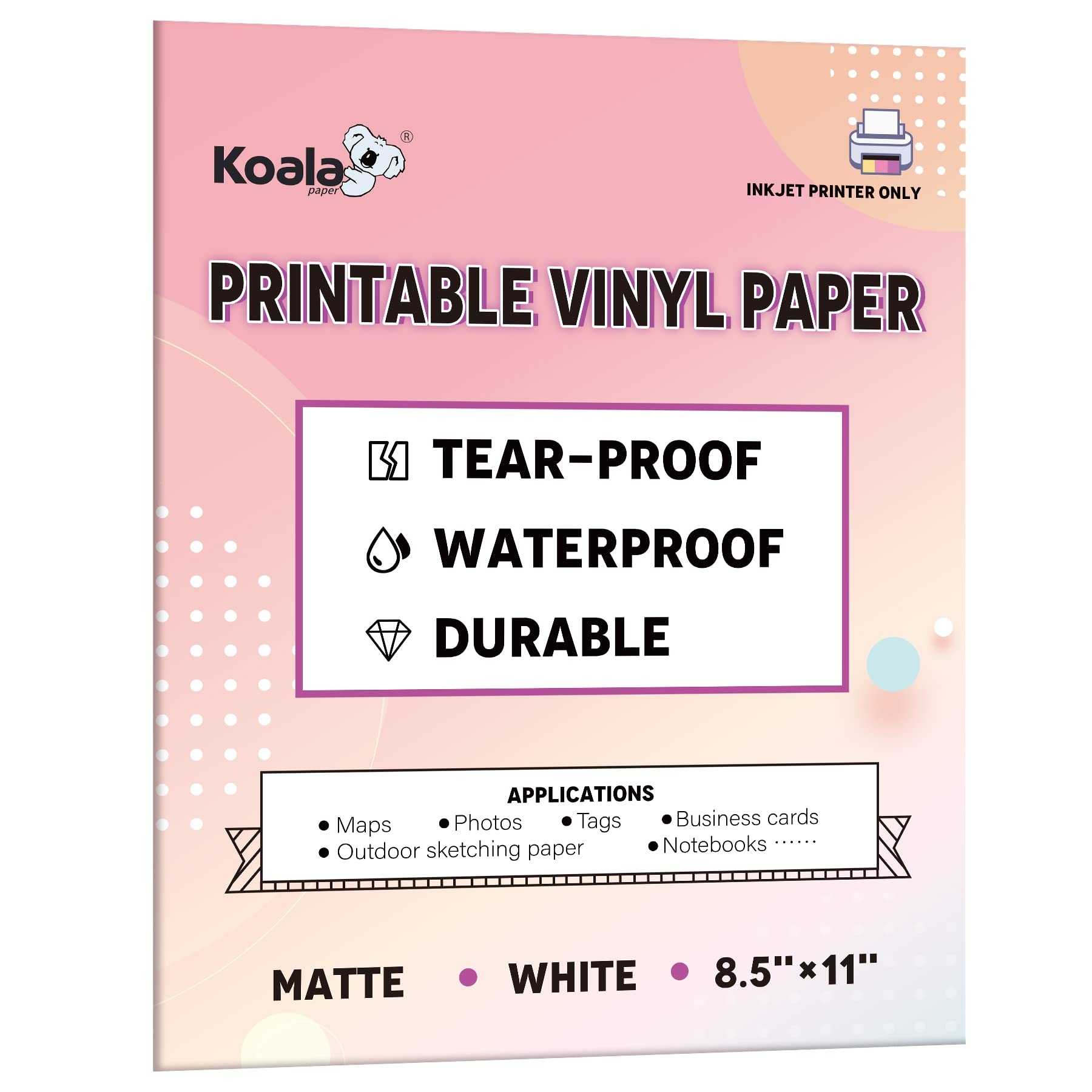 KOALA PAPER Waterproof Paper For Inkjet Printer 8 5 X 11 Inch 30 