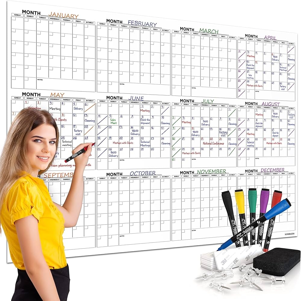 Large 36 X 48 Whiteboard Calendar For Wall 12 Month Planner Large Dry Erase Monthly Large Includes 6 Markers Erasers Push Pins And Mounting Tape 