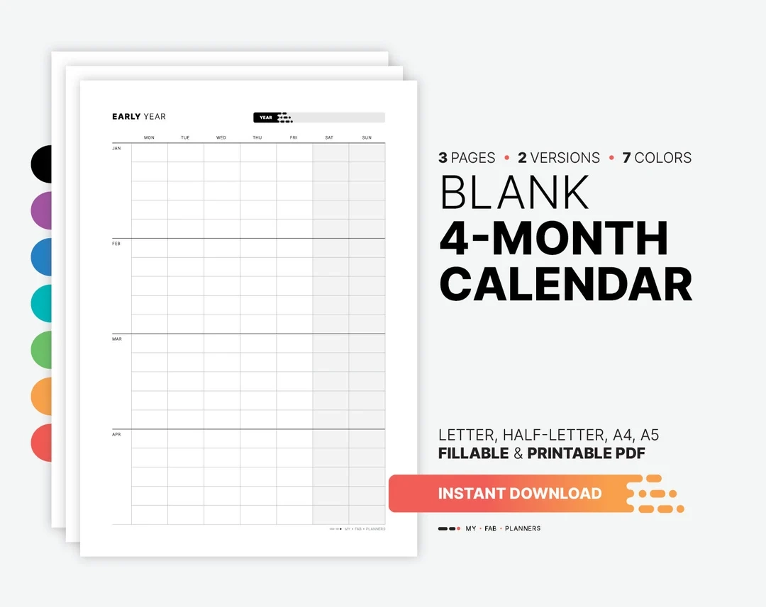 Leerer 4 Monats Kalender Ausf llbare Druckbare PDF Vorlage Etsy de