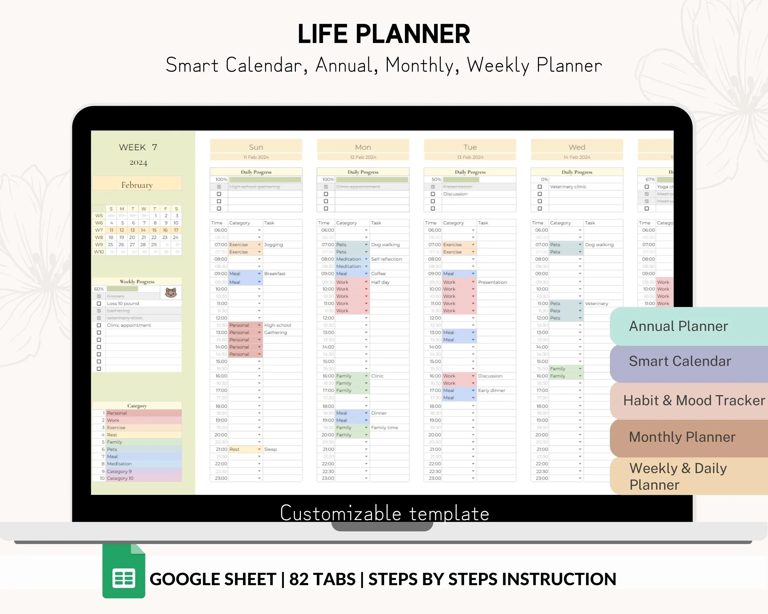 Life Planner Google Sheet Smart Kalender Habit Tracker Digital 