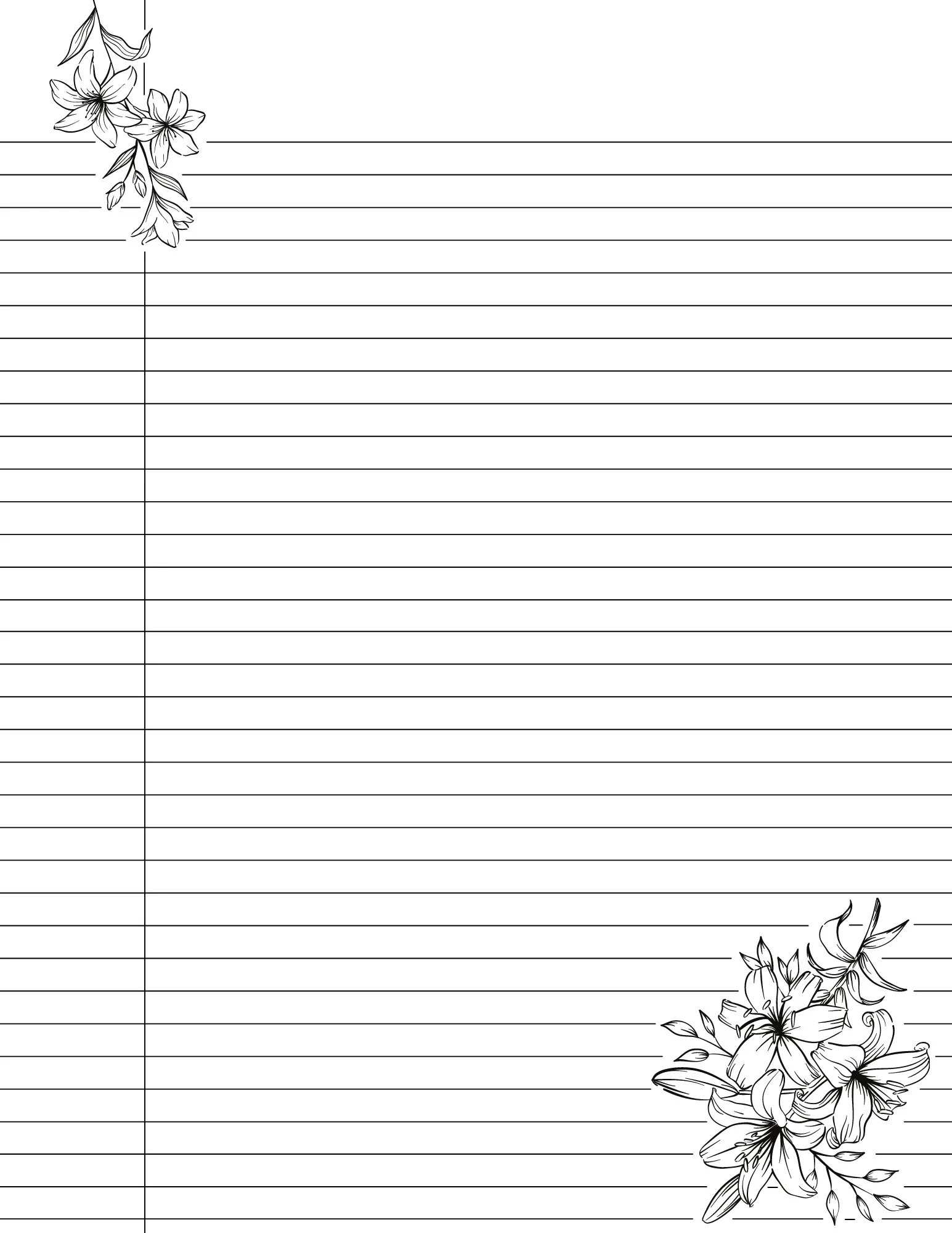 Lily Floral Lined Paper College Ruled Printable PDF Download 