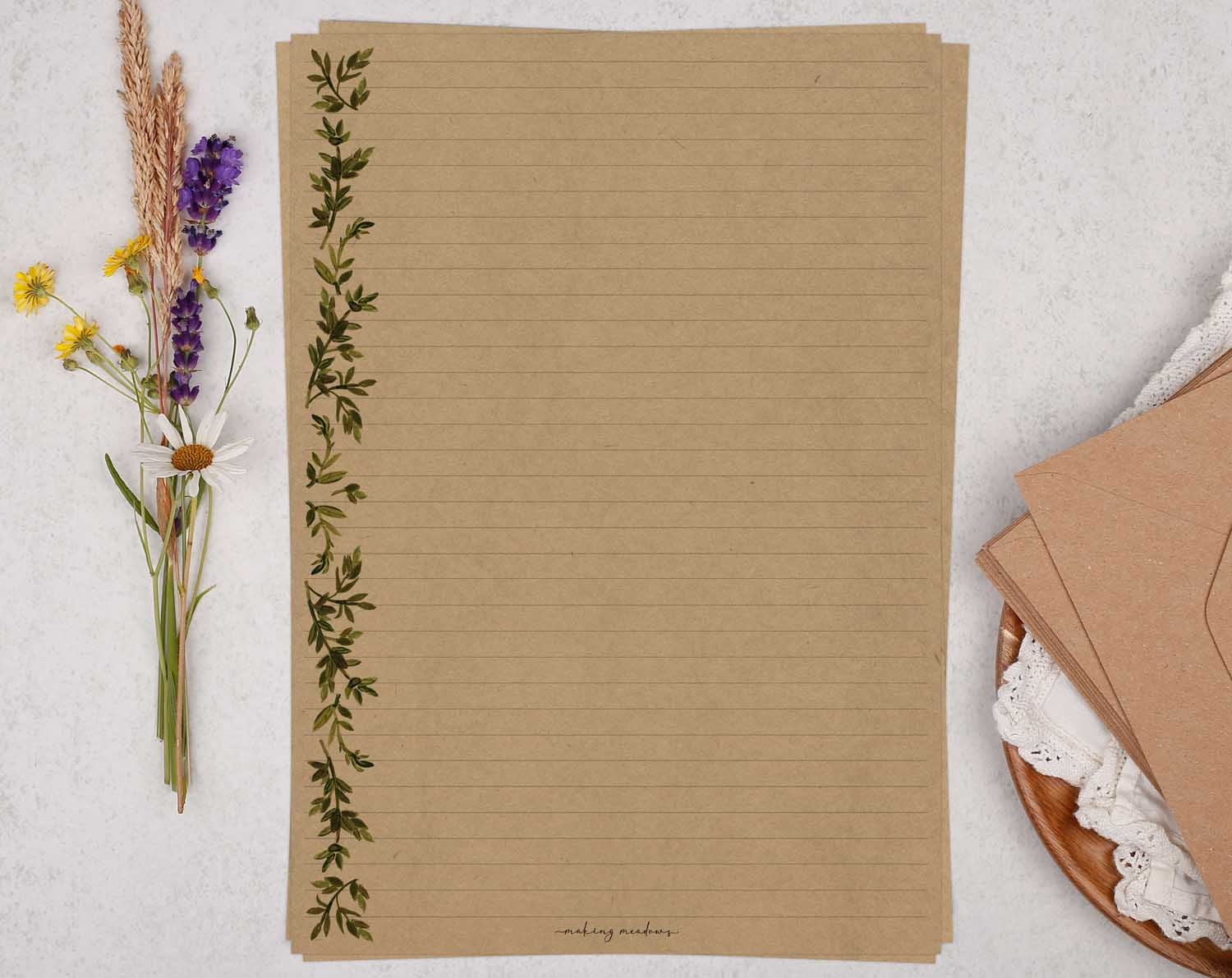 Luxury A4 Kraft Writing Paper With Vintage Botanical Leaf