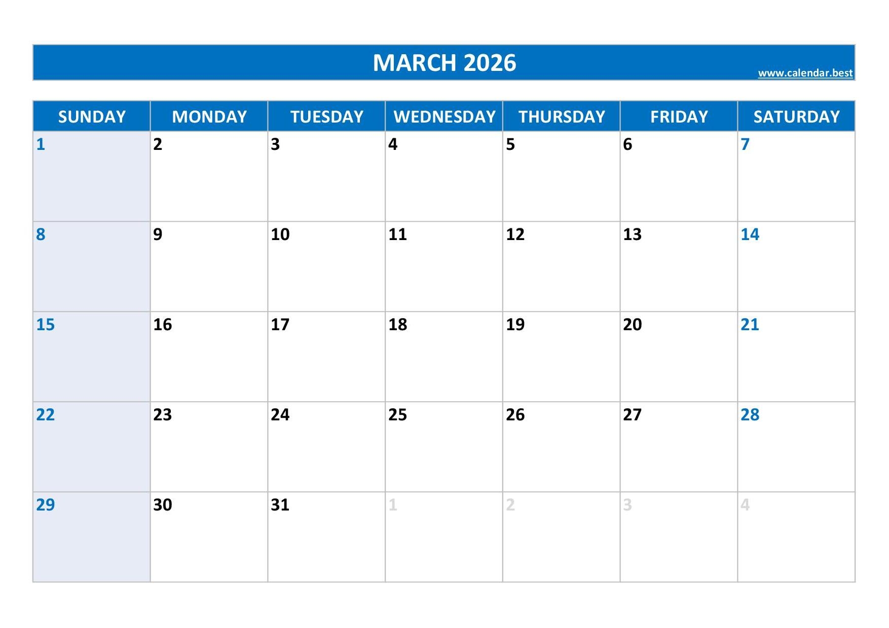 Blank Calendars March 2026