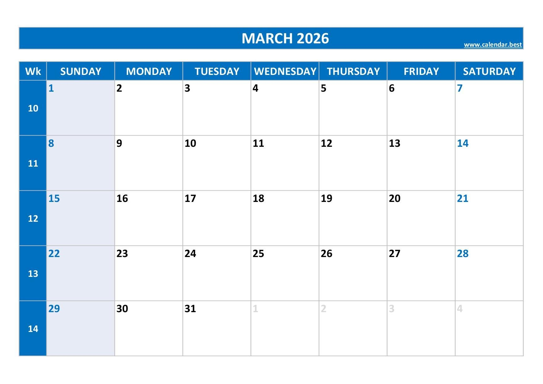 2026 March Calendar Printable