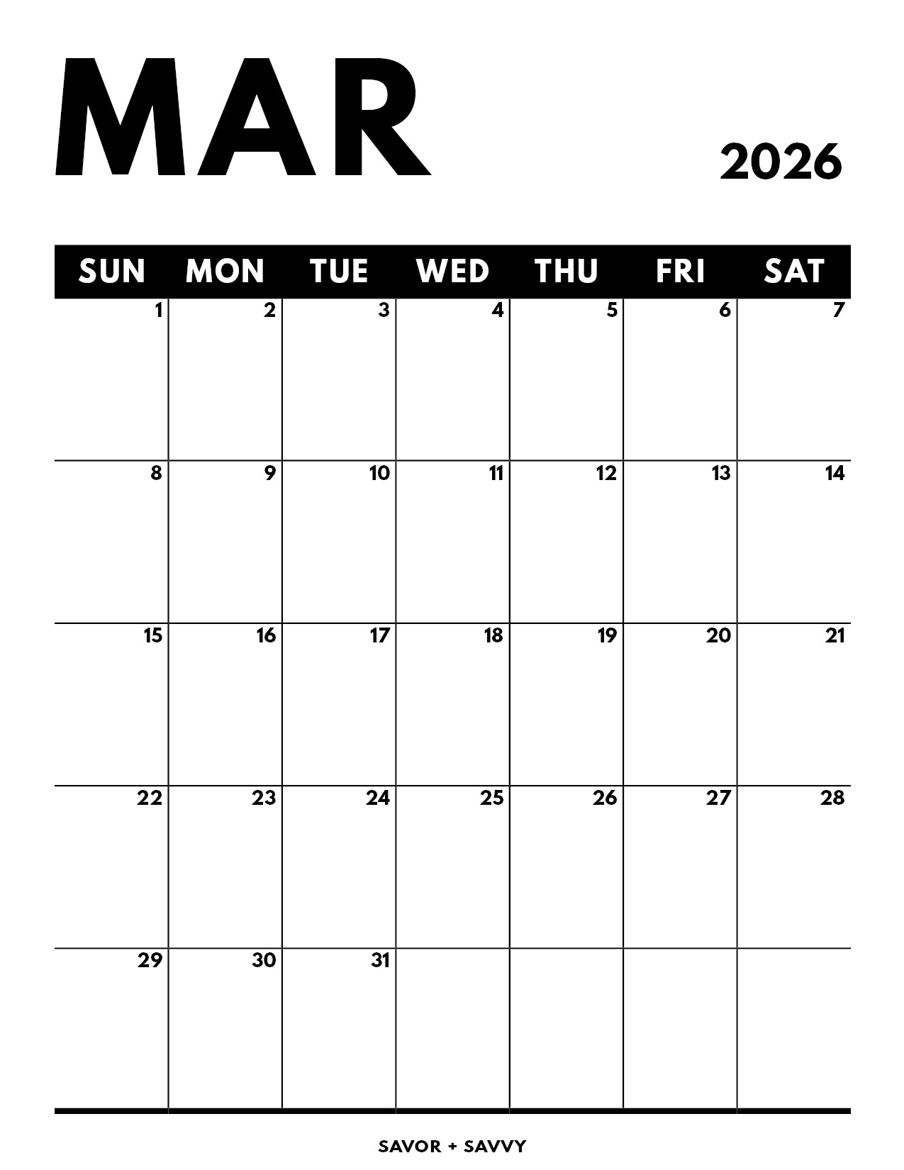March 2026 Calendar Blank Pdf