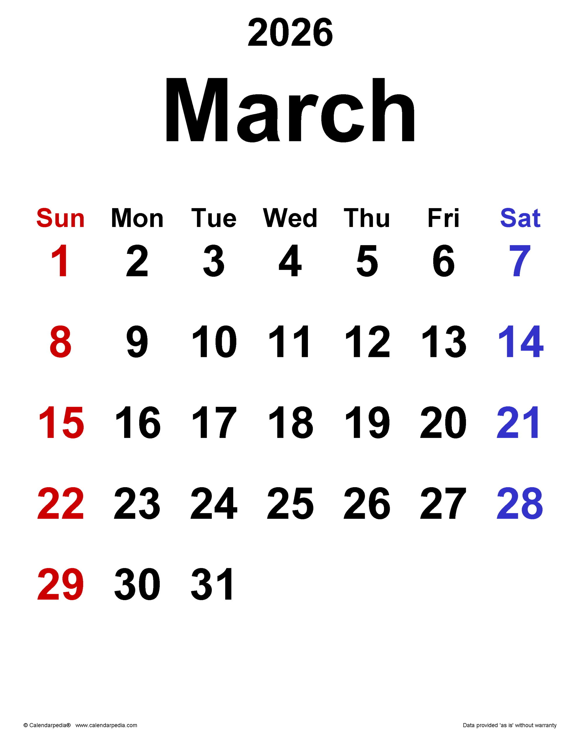 March 2026 Calendar Templates For PDF Excel And Word