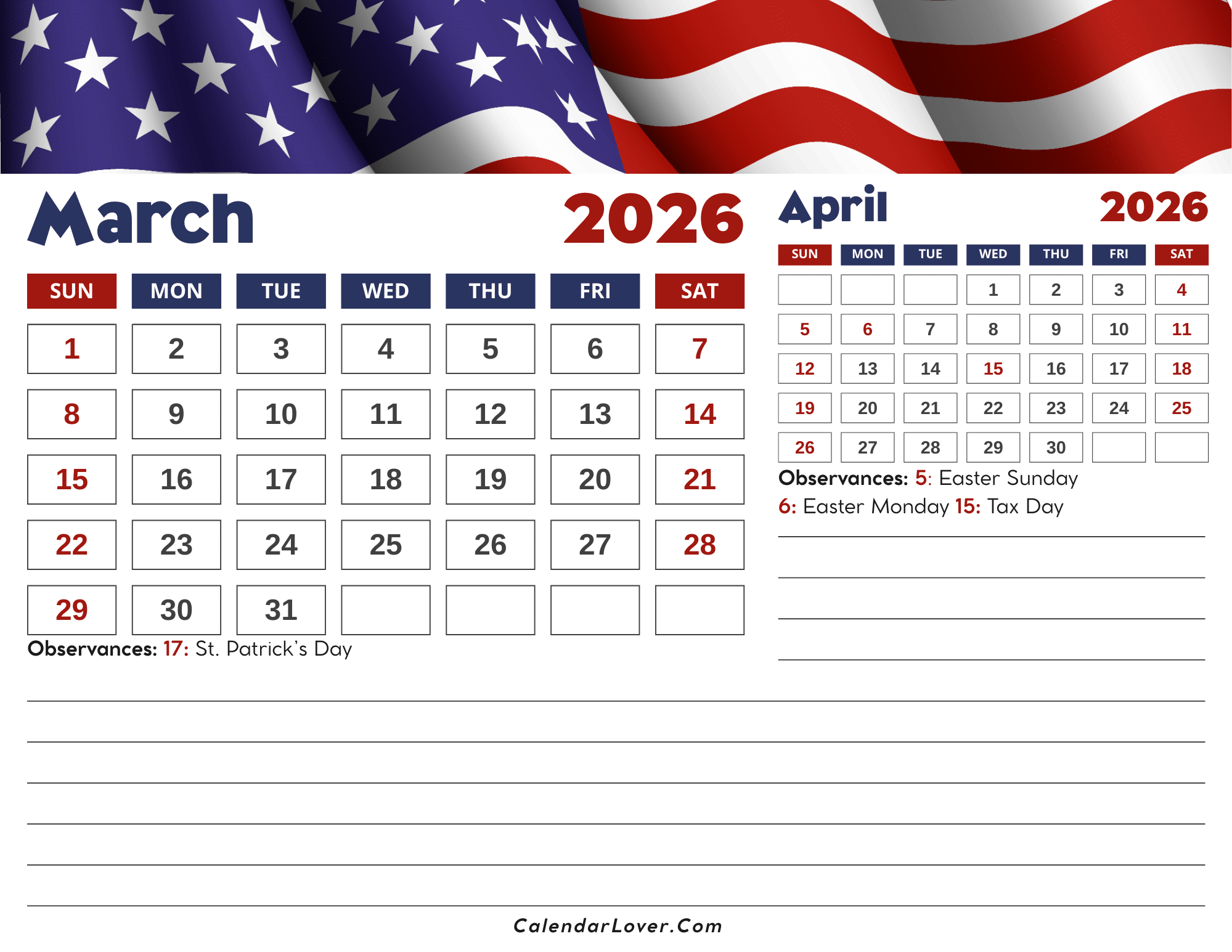 March 2026 Calendar With Holidays United States