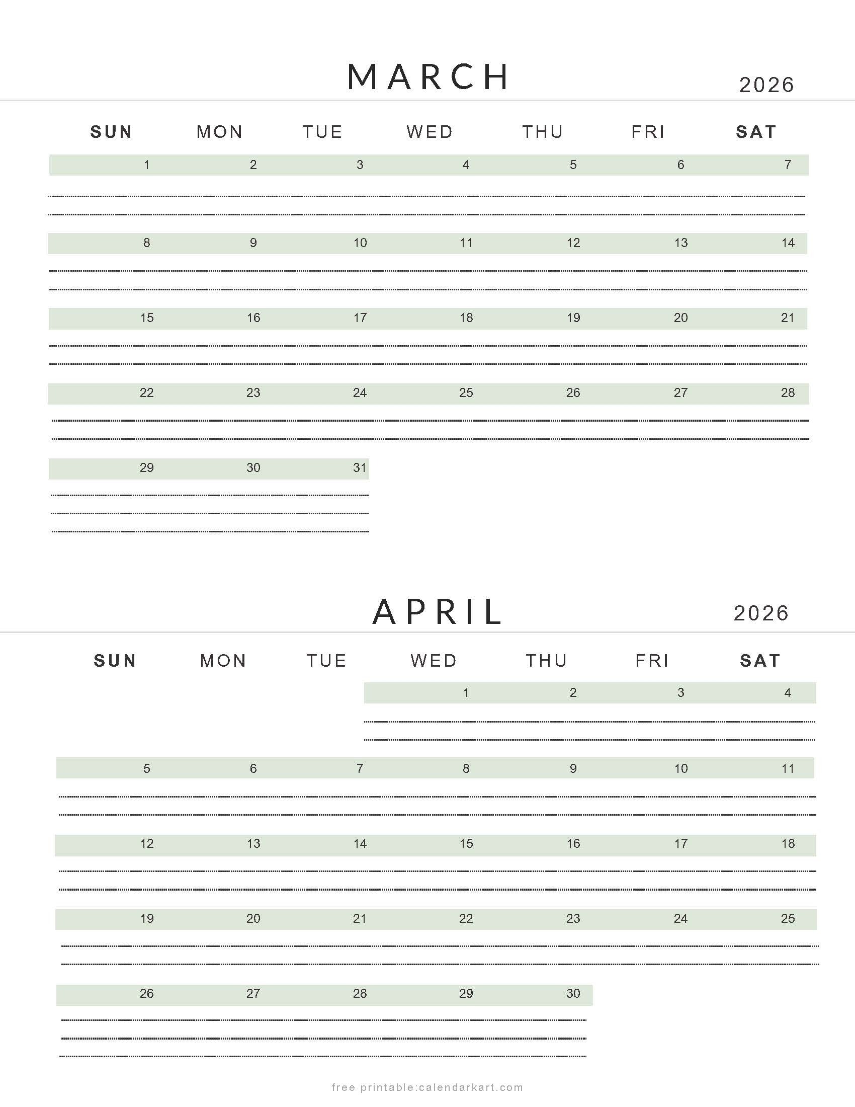 March April 2026 Calendars Free Printable PDFs CalendarKart