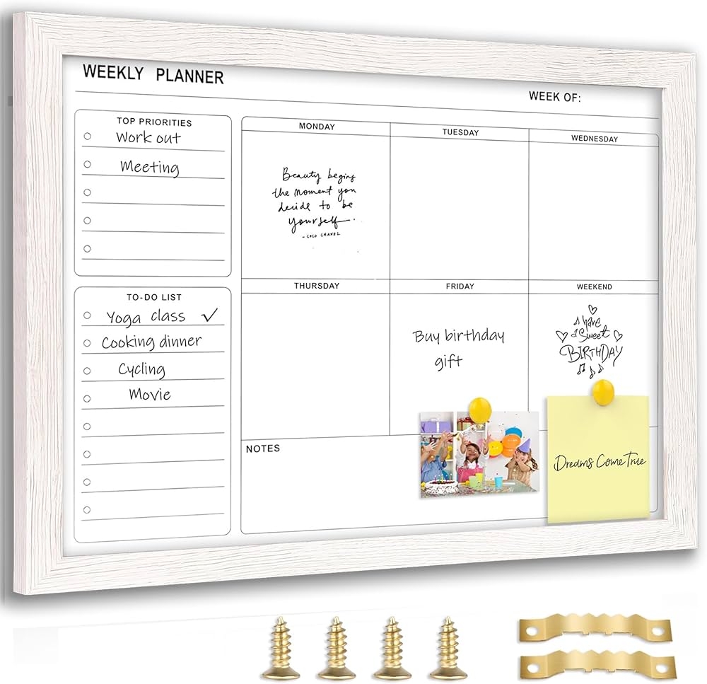 Marribol Whiteboard Weekly Calendar Dry Erase Planner For Wall 16 X 12 White Solid Wood Frame Minimalist Modern Design Magnetic Whiteboard Planner 