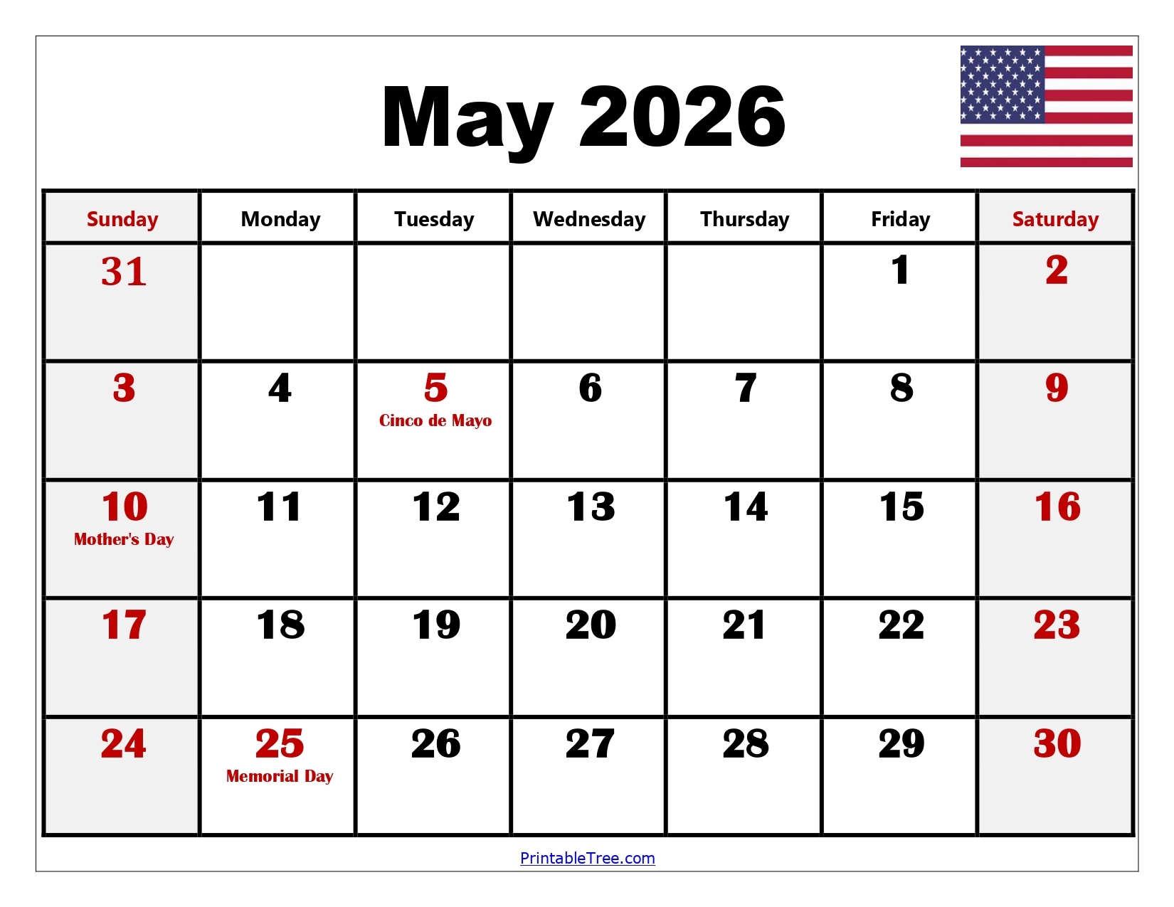 Printable Calendar May 2026