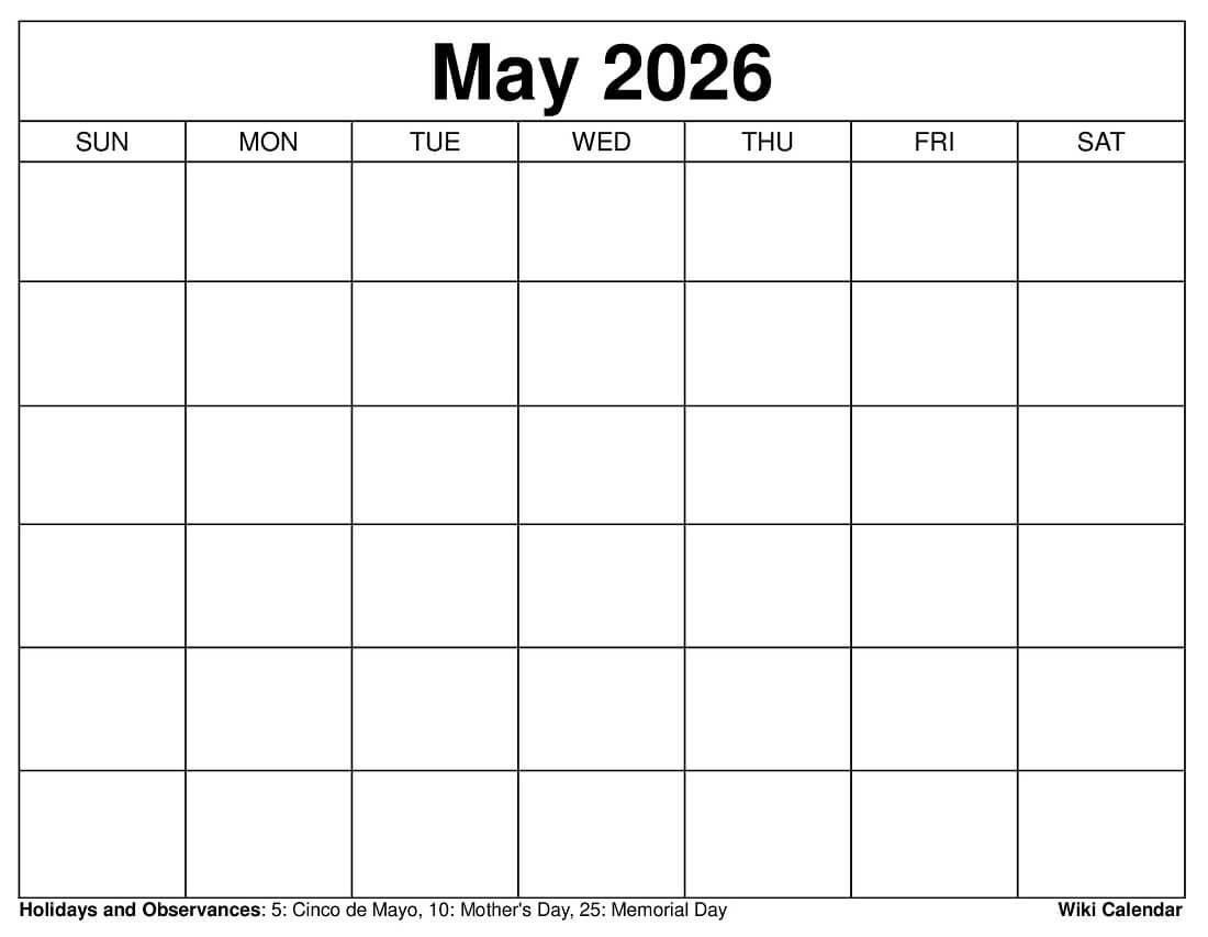 May 2026 Blank Calendar Printable Free