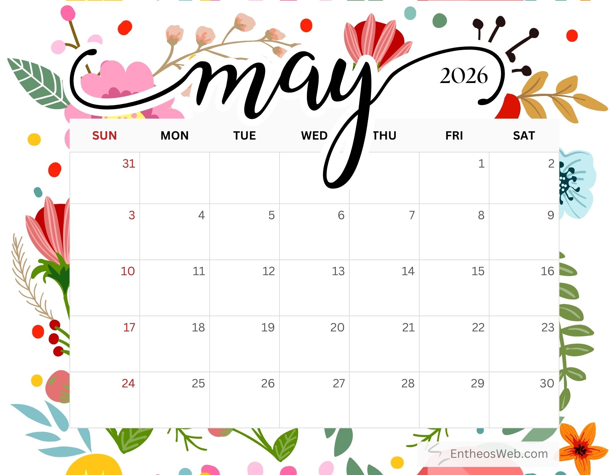 May 2026 Calendar Printables EntheosWeb