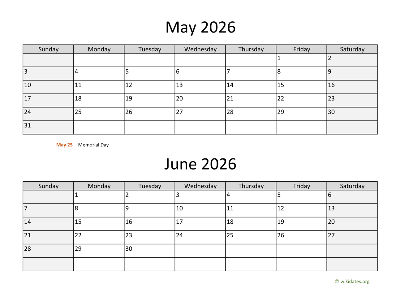 Blank Calendar 2026 May And June