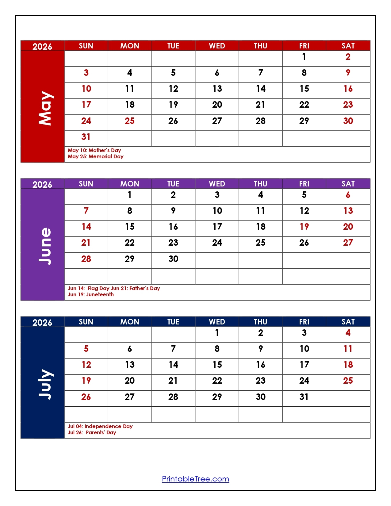 Blank Calendar 2026 May June July