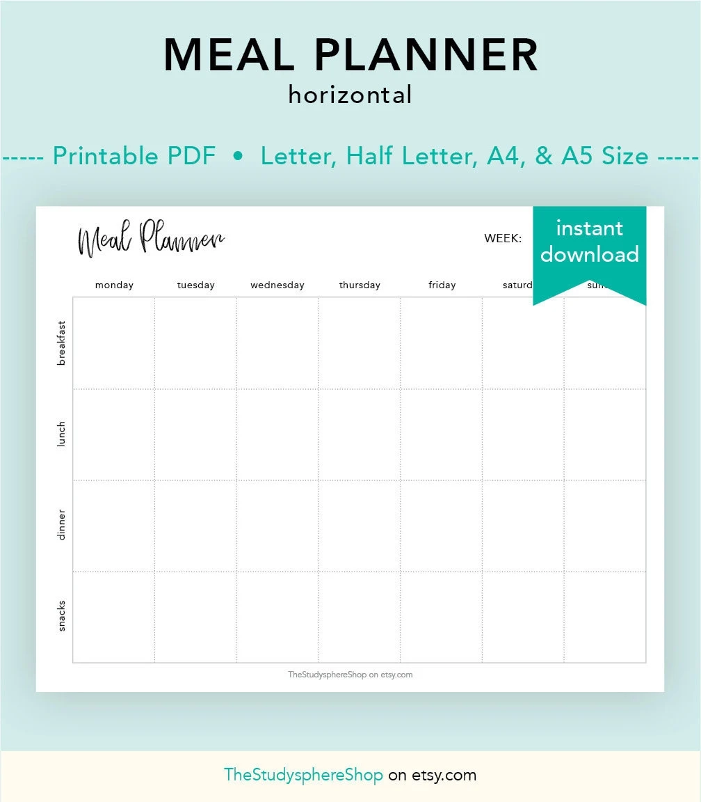Meal Planner Horizontal Weekly Meal Tracker Food Log Snack 