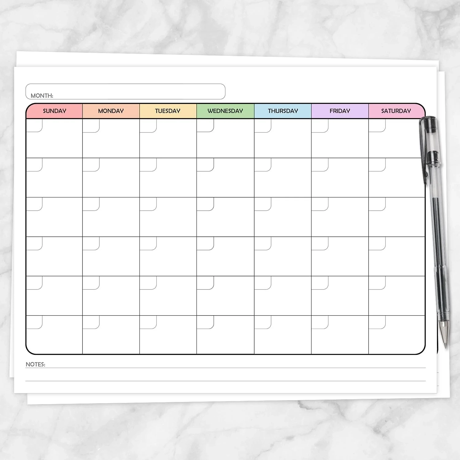 Modern Blank Monthly Calendar Rainbow 6 Row Full Page PDF 