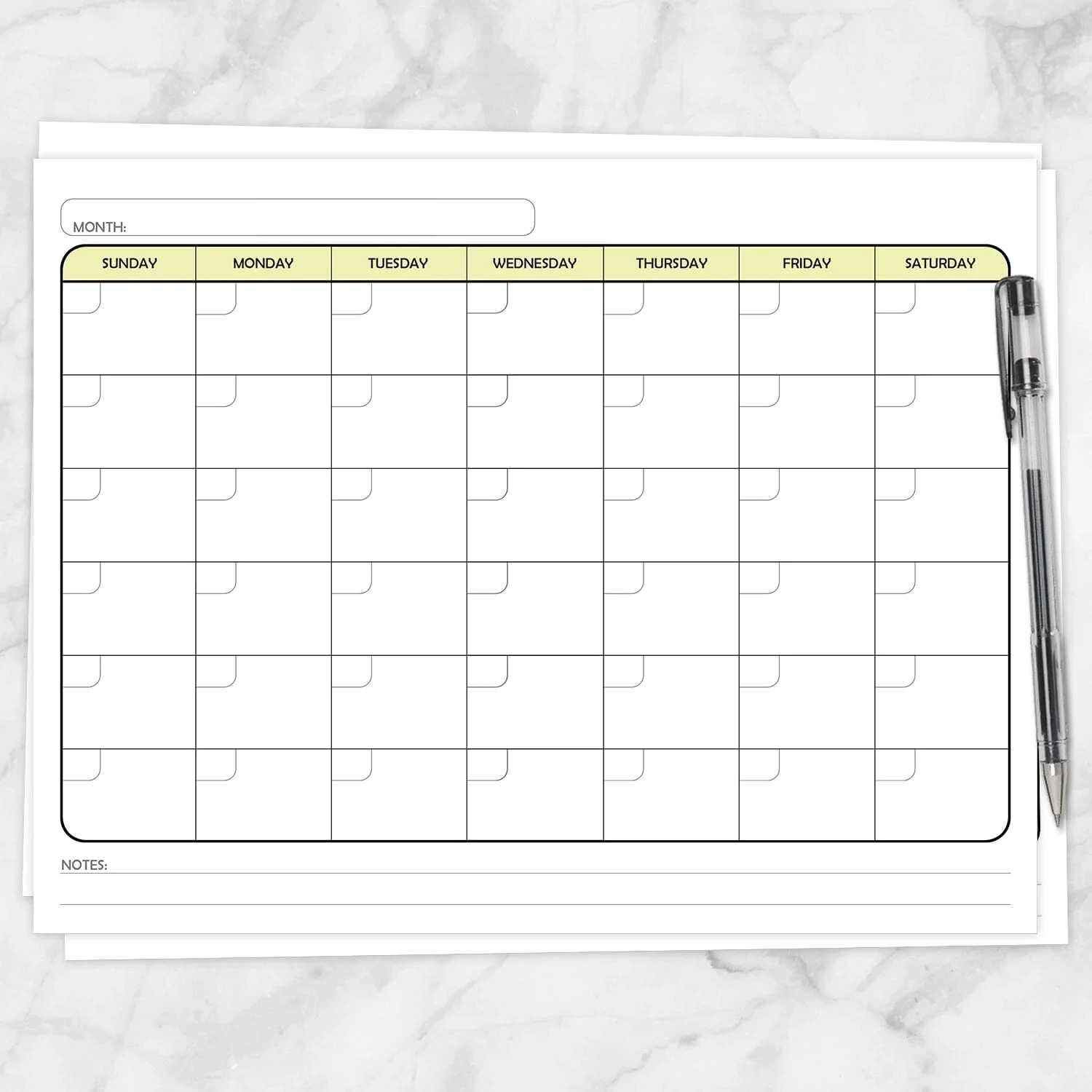 Modern Blank Monthly Calendar Yellow Full Page Printable 