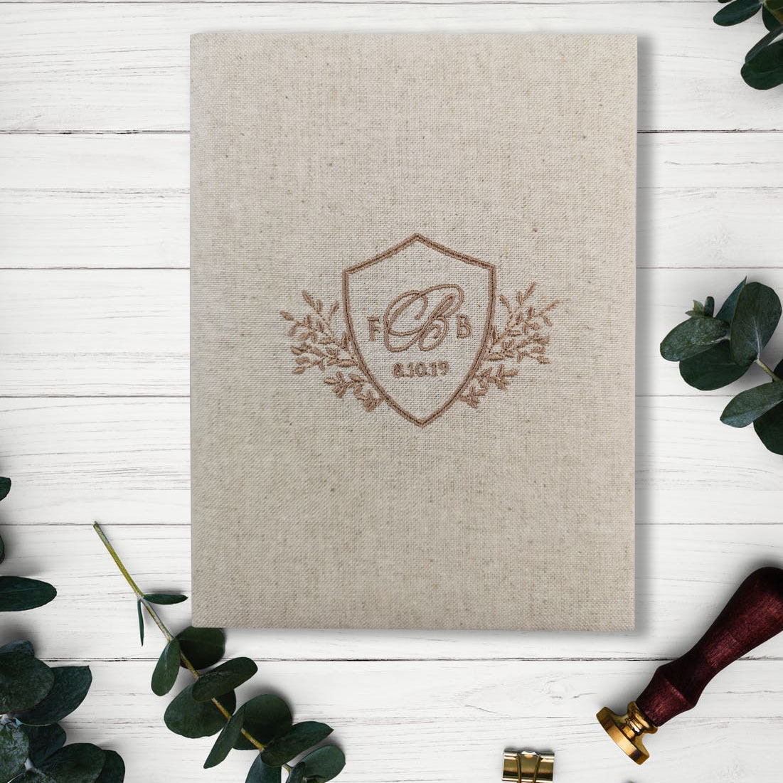 Monogram Embroidery Linen Invitation Folio