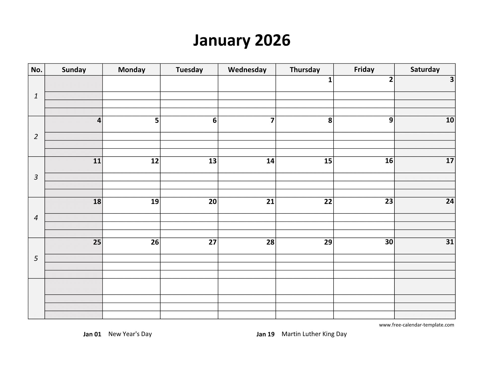 Free Printable Calendar 2026 With Lines