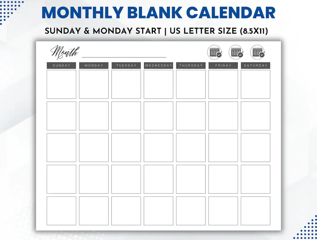 Monthly Blank Calendar Printable Monday amp Sunday Starts 