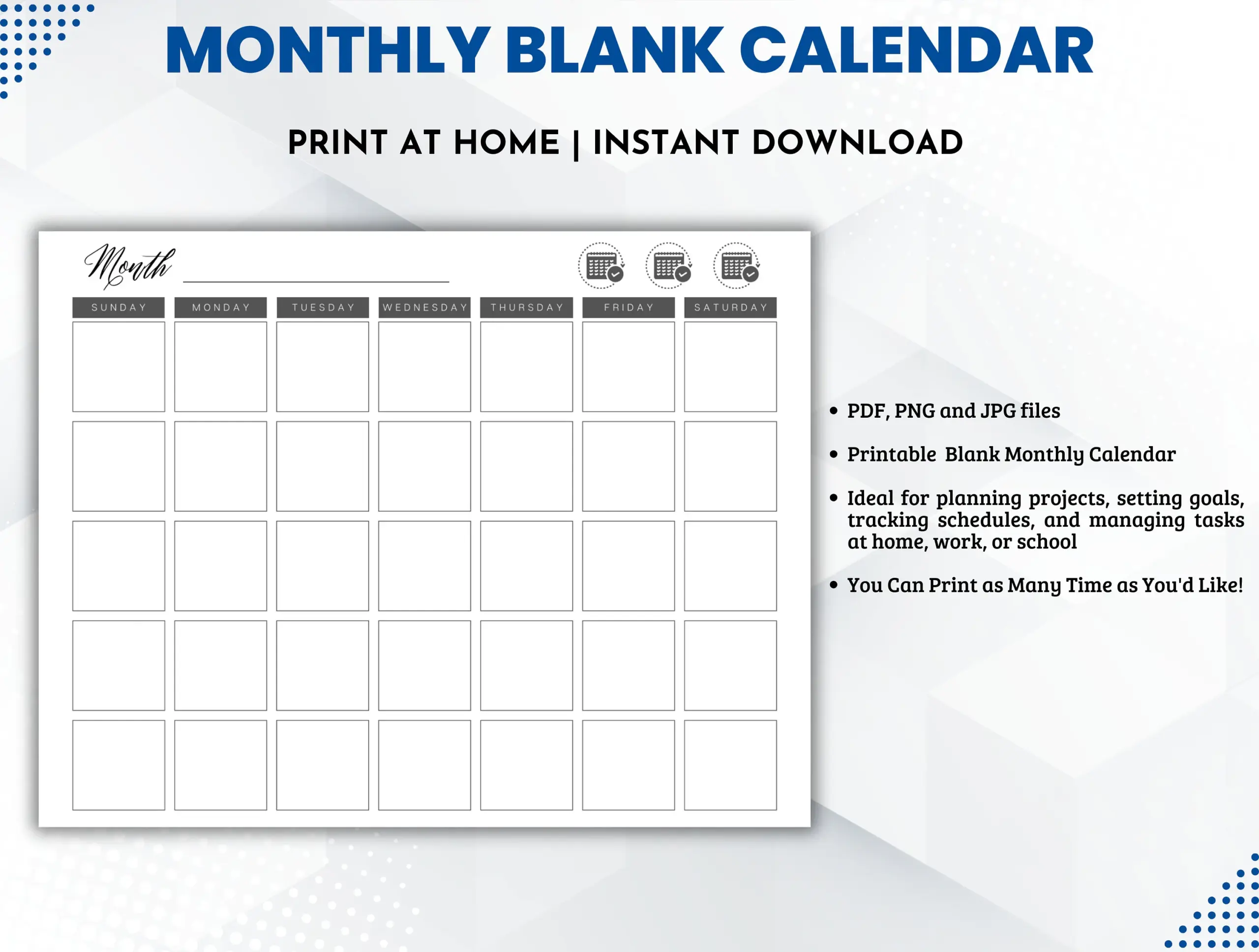 Monthly Blank Calendar Printable Monday amp Sunday Starts 