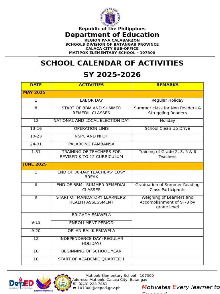 Monthly School Calendar Of Activities Sy 2025 2026 PDF 