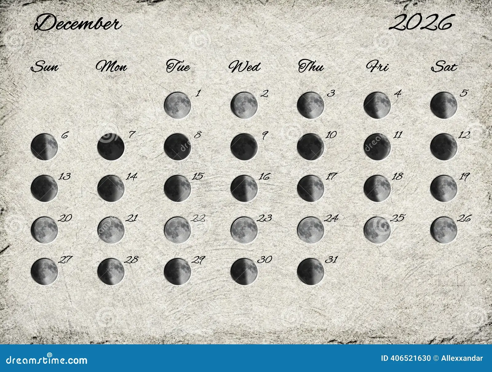 Moon Phases Calendar December 2026 Stock Illustration 