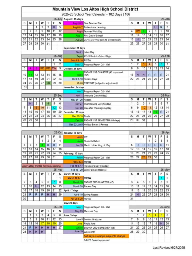 MVLA High School Calendar 2025 26 PDF Observances