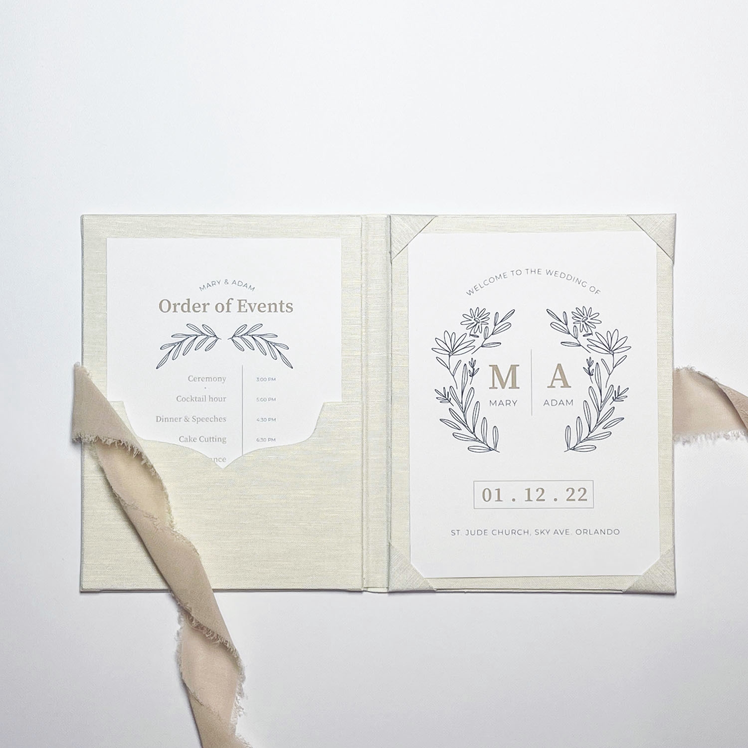 Natural Color Linen Invitation Folio With Frayed Cotton Ribbon 