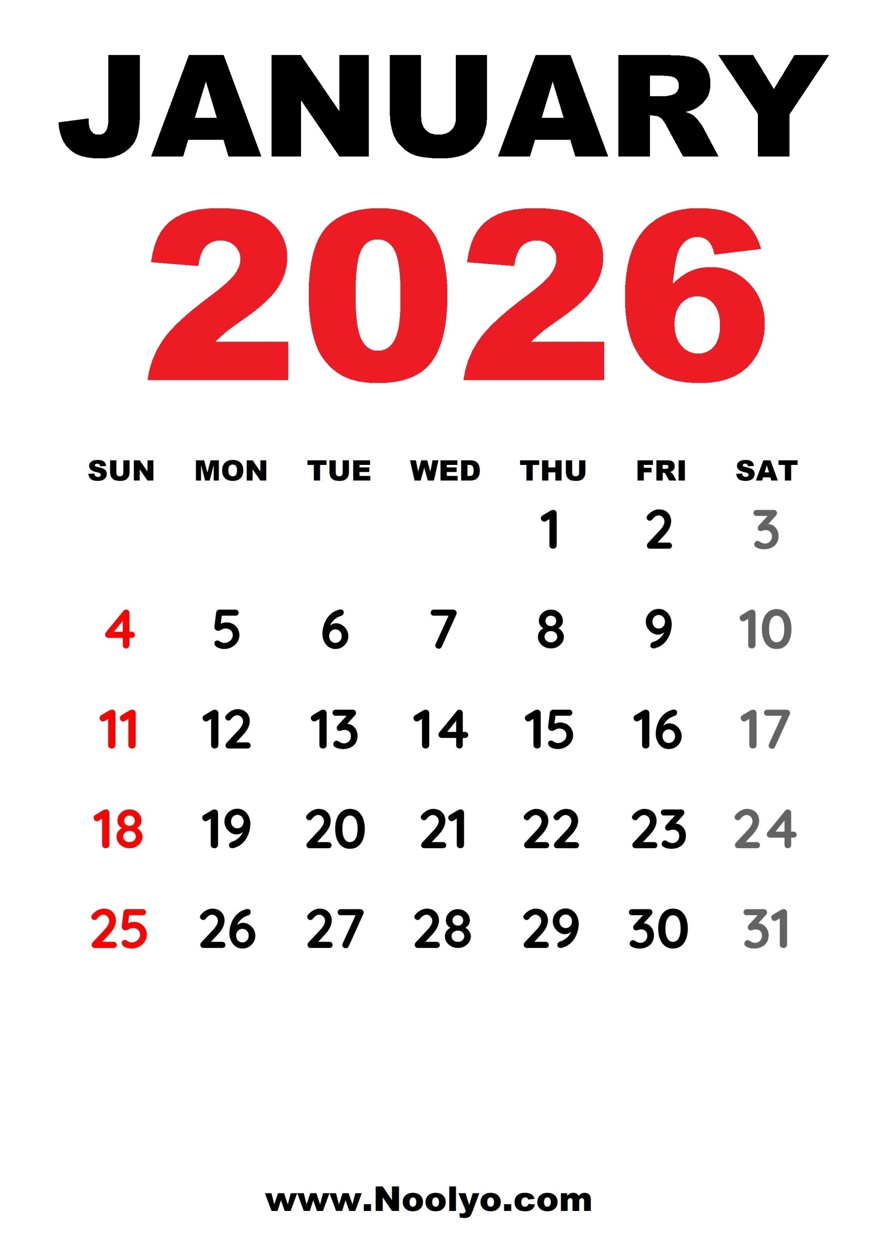 January 2026 Calendar Printable