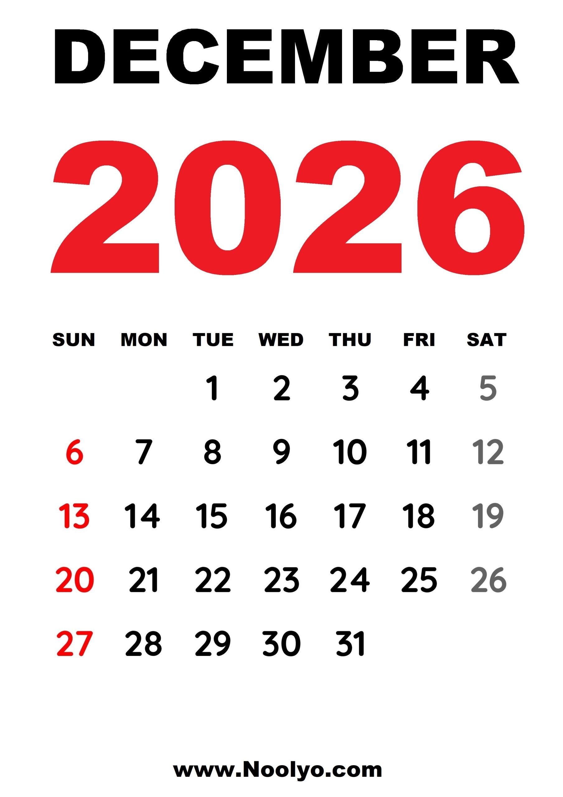 November December 2026 Printable Calendar