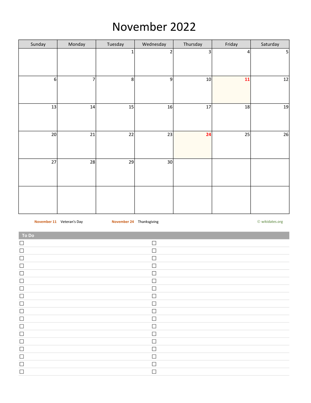 November 2022 Calendar With To Do List WikiDates