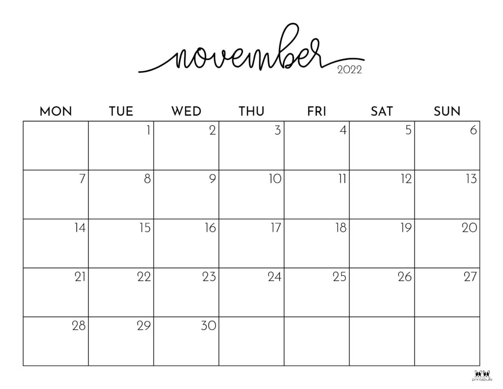 November 2022 Calendars 50 FREE Printables Printabulls