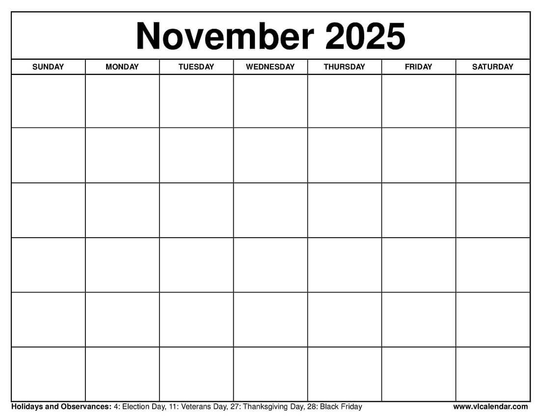 November 2025 Calendar Free Printable Templates
