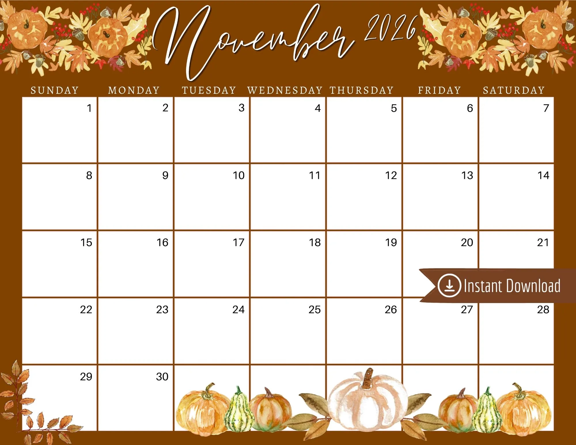 November 2026 Calendar Brown Fallen Leaves Planner PDF PNG JPG 