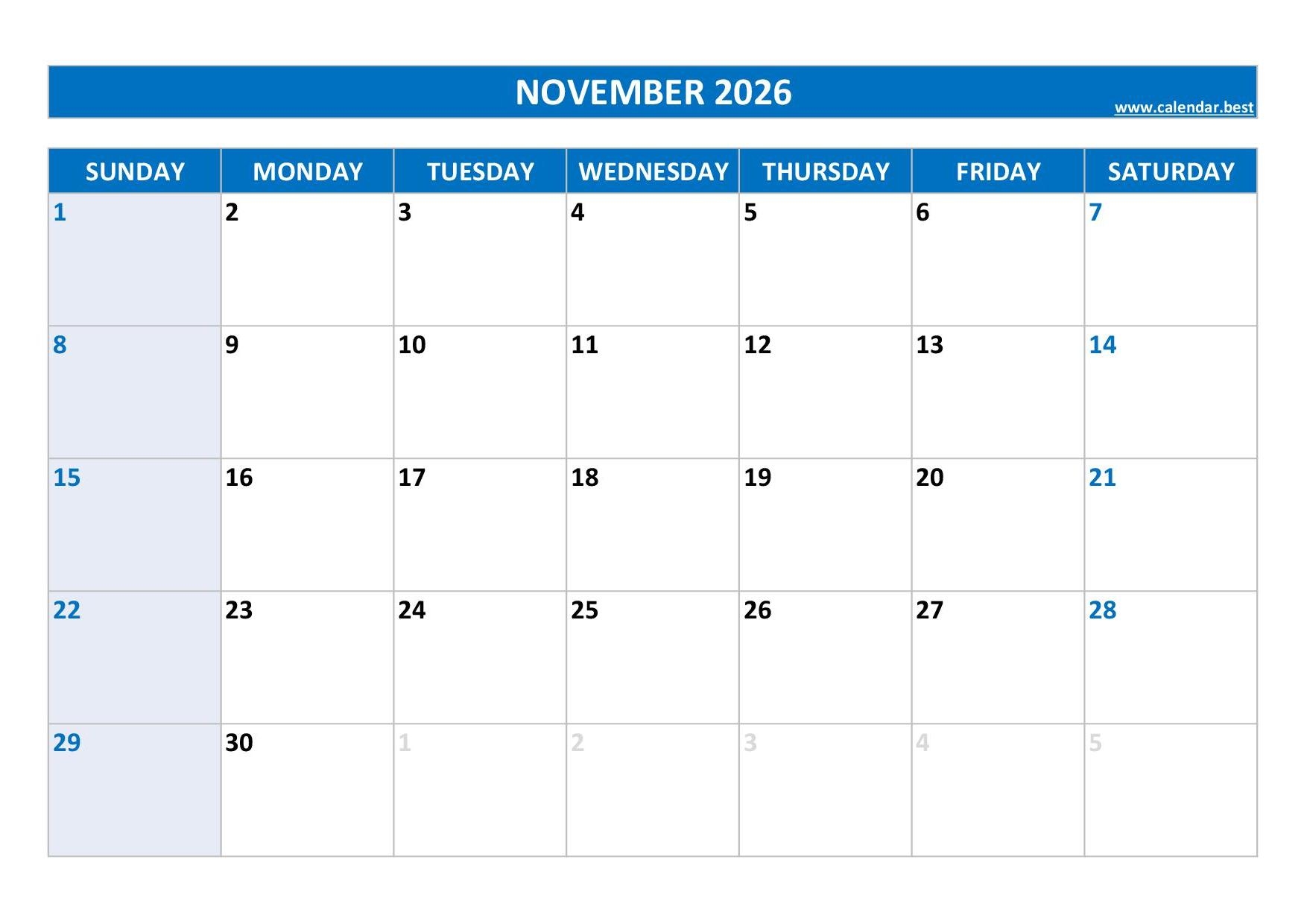 November 2026 Monthly Calendar Printable