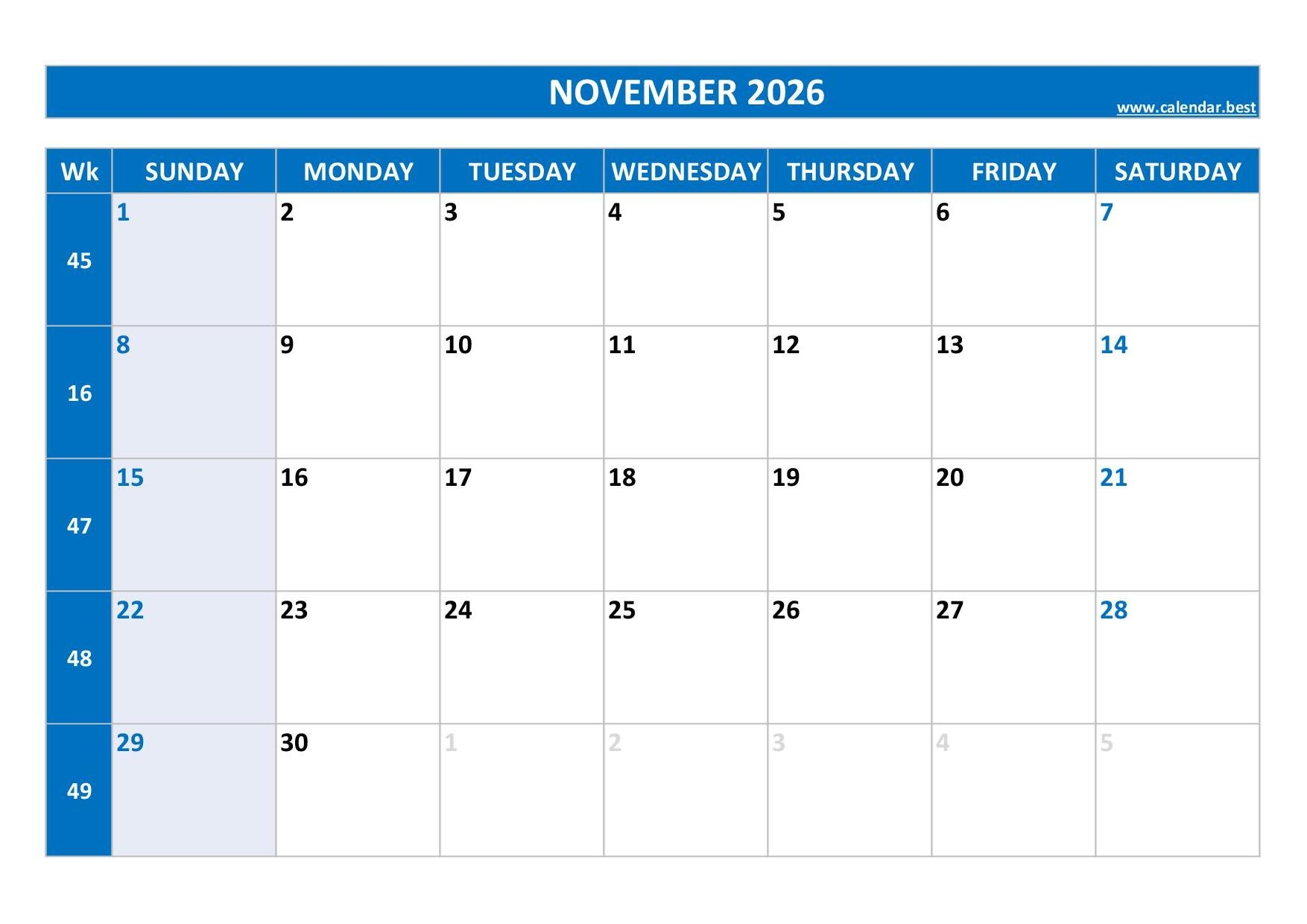 Weekly Calendar November 2026 Printable