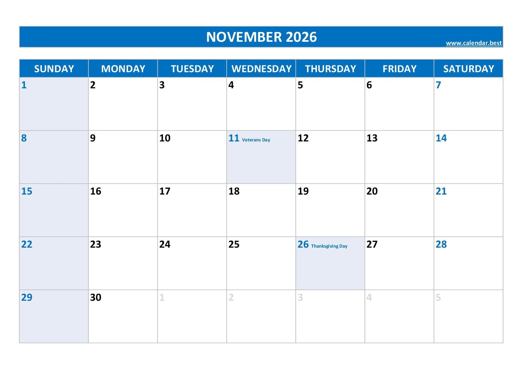 November 2026 Calendar Printable With Holidays